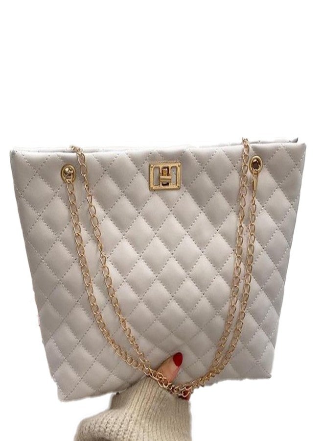 PAUL SONS Quilted Shoulder Bag with Gold Chain Straps, PU Leather, luxurious gold-tone turn-lock clasp and matching dual-chain straps. Fashion Handbag for Women (WHITE, Medium) - Image 1